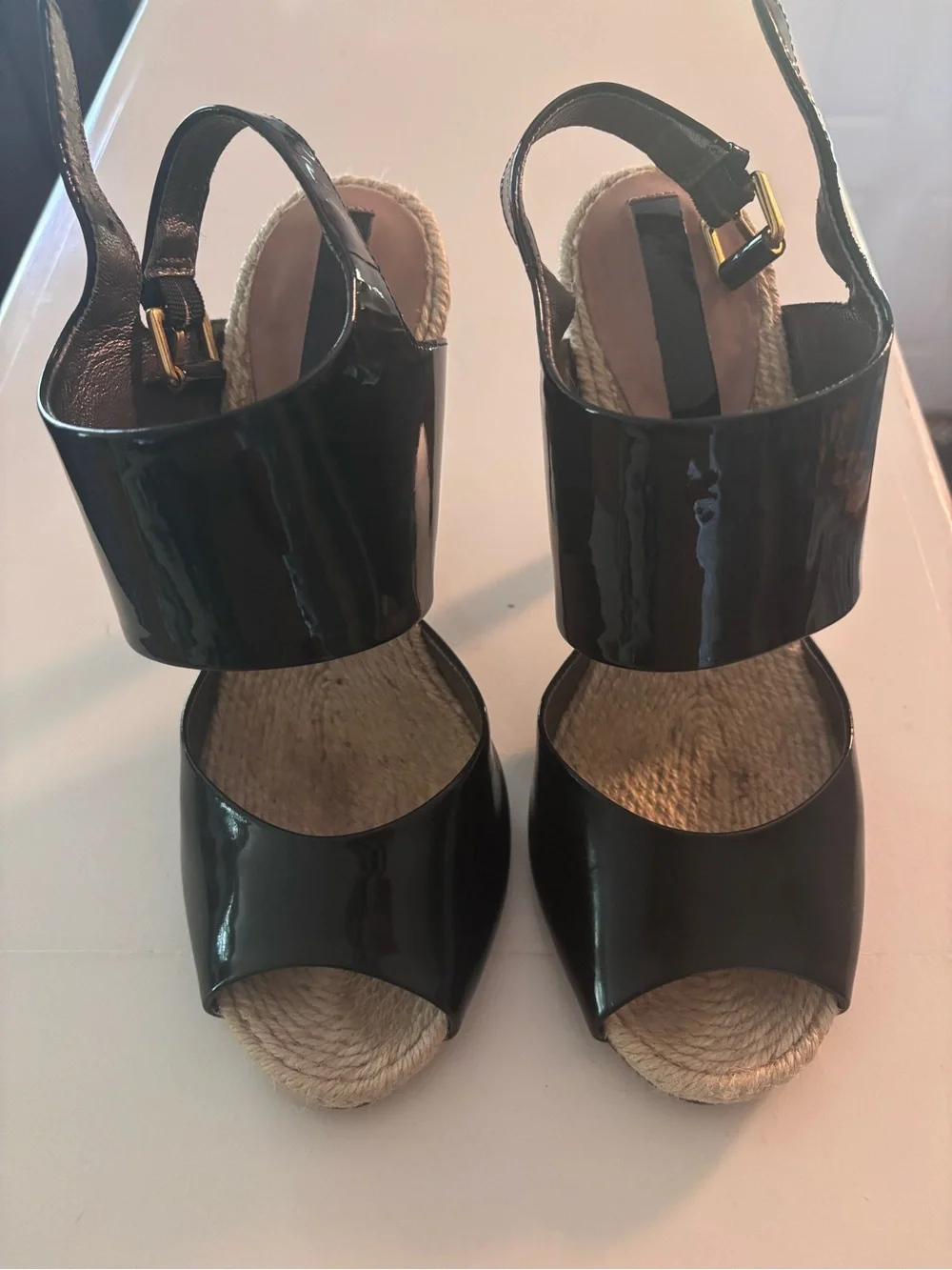 BCBGMaxAzria Black Patent Peep-Toe Slingback Heels with Woven Insole